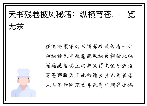 天书残卷披风秘籍：纵横穹苍，一览无余